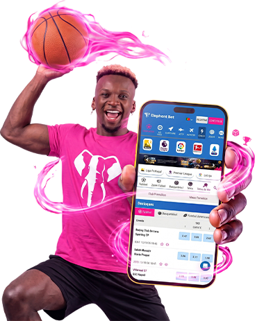 Jogador com telemóvel a mostrar a app Elephant Bet